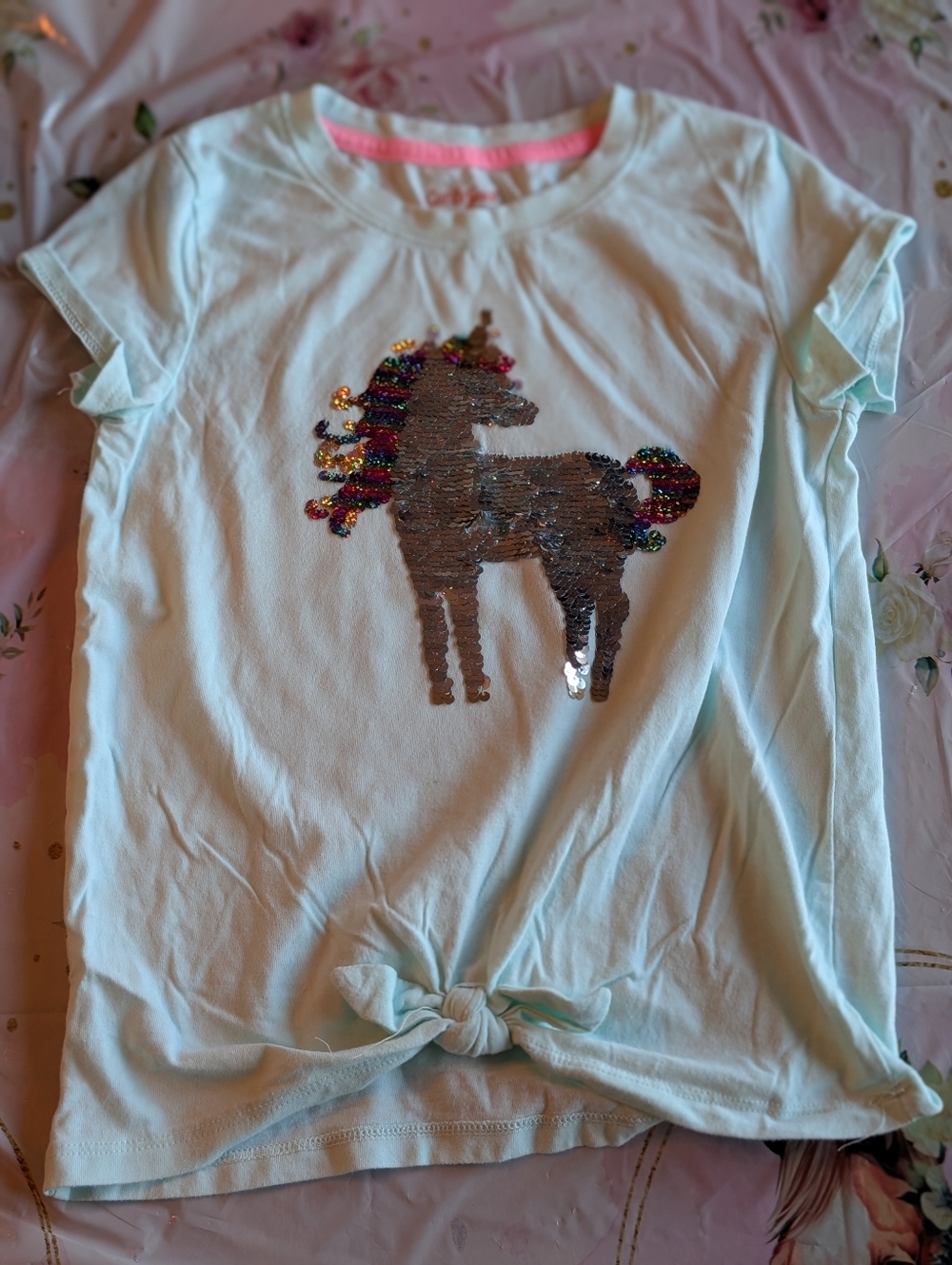 Cat & Jack Light Blue Sequin Unicorn Knot Tee/ Girl 7/8
